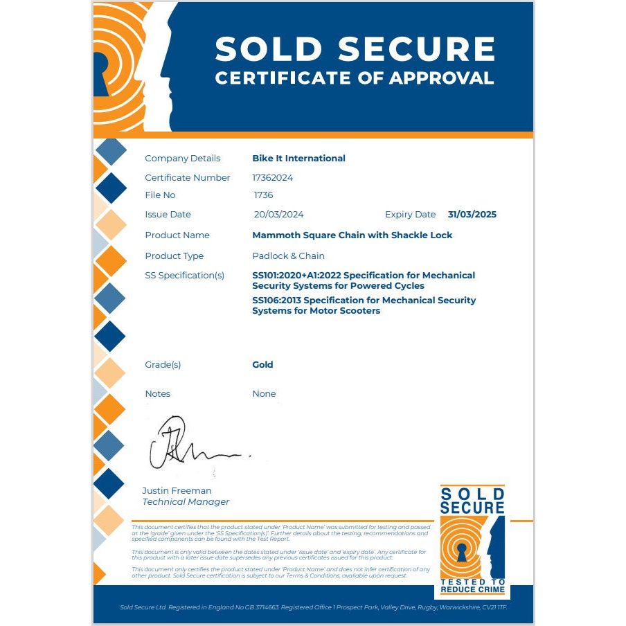 Mammoth Security Sold Secure Gold Approved 12mm X 1.2 M Square Chain With Shackle Lock - FREE UK Shipping, FREE 365 Day Returns | Moto Central