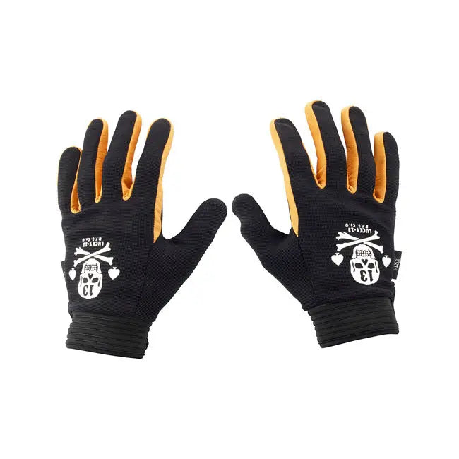 Lucky 13 Pirate Skull Leather & Textile Gloves Black / Yellow  - FREE UK Shipping, FREE 365 Day Returns | Moto Central