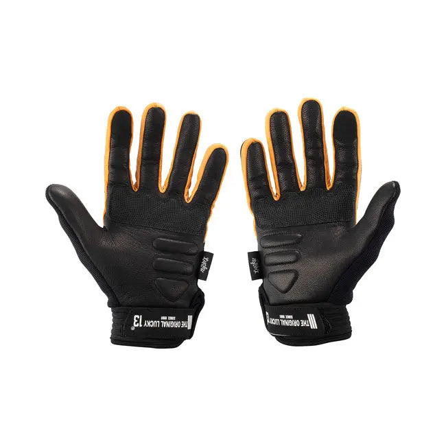 Lucky 13 Pirate Skull Leather & Textile Gloves Black / Yellow  - FREE UK Shipping, FREE 365 Day Returns | Moto Central