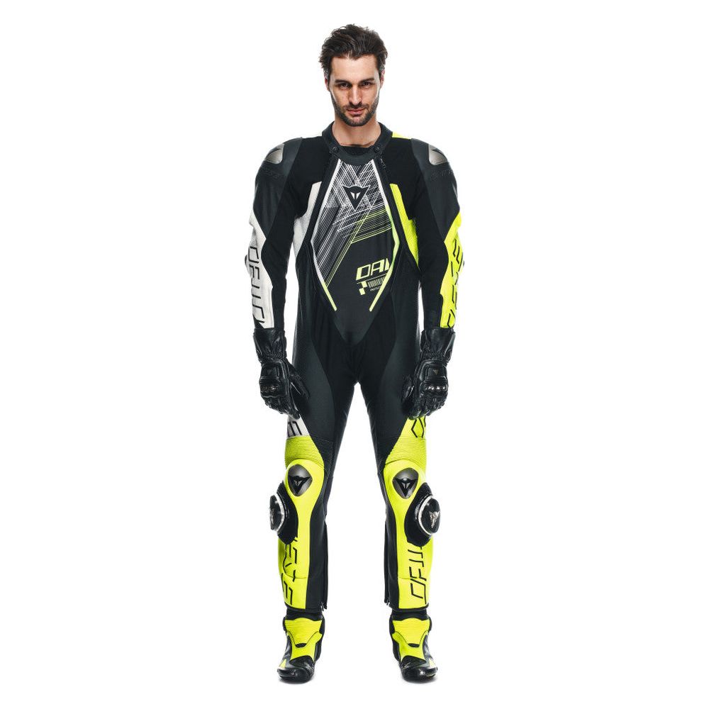 Dainese Audax D-Zip One Piece Perforated Leather Suit Black / Fluo Yellow / White