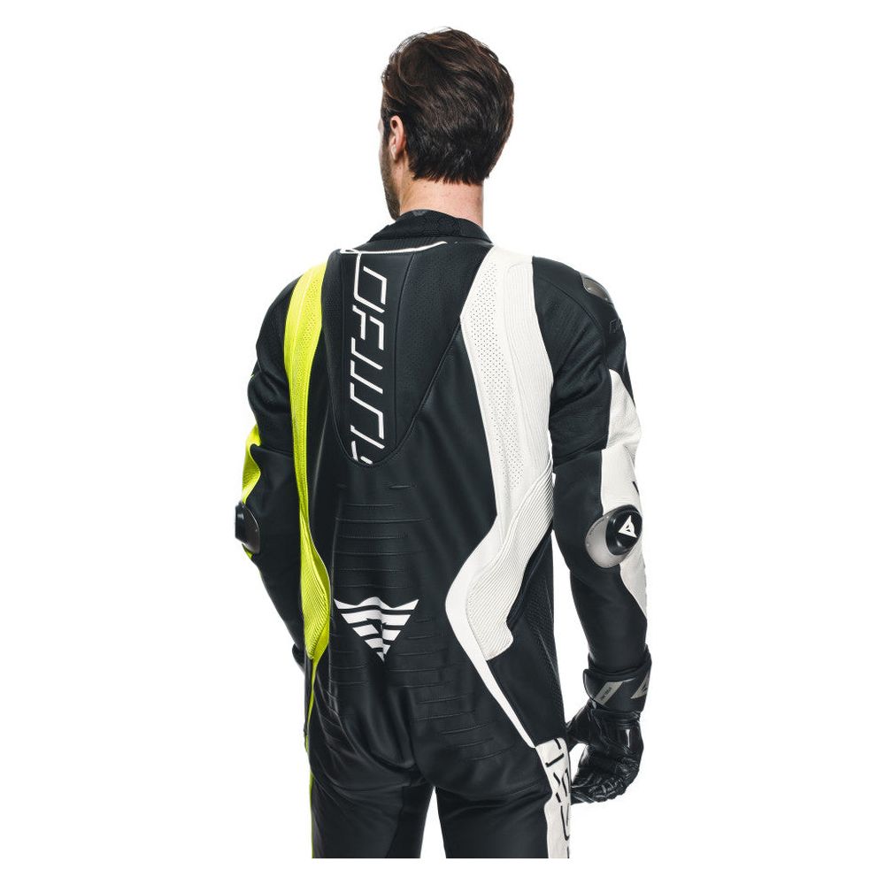 Dainese Audax D-Zip One Piece Perforated Leather Suit Black / Fluo Yellow / White