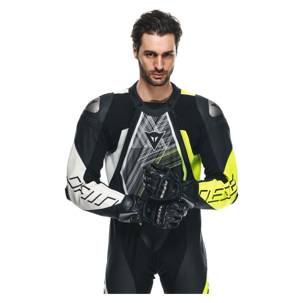 Dainese Audax D-Zip One Piece Perforated Leather Suit Black / Fluo Yellow / White