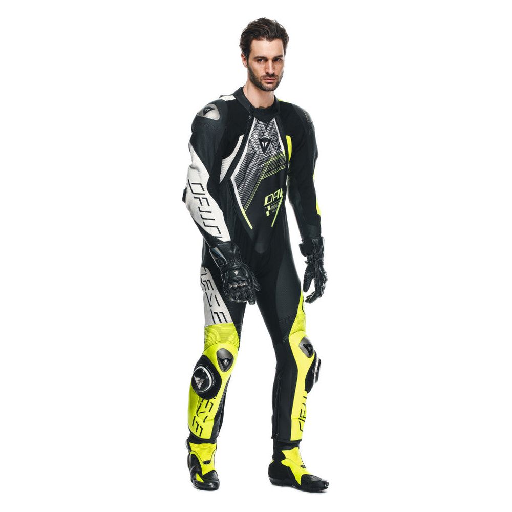 Dainese Audax D-Zip One Piece Perforated Leather Suit Black / Fluo Yellow / White