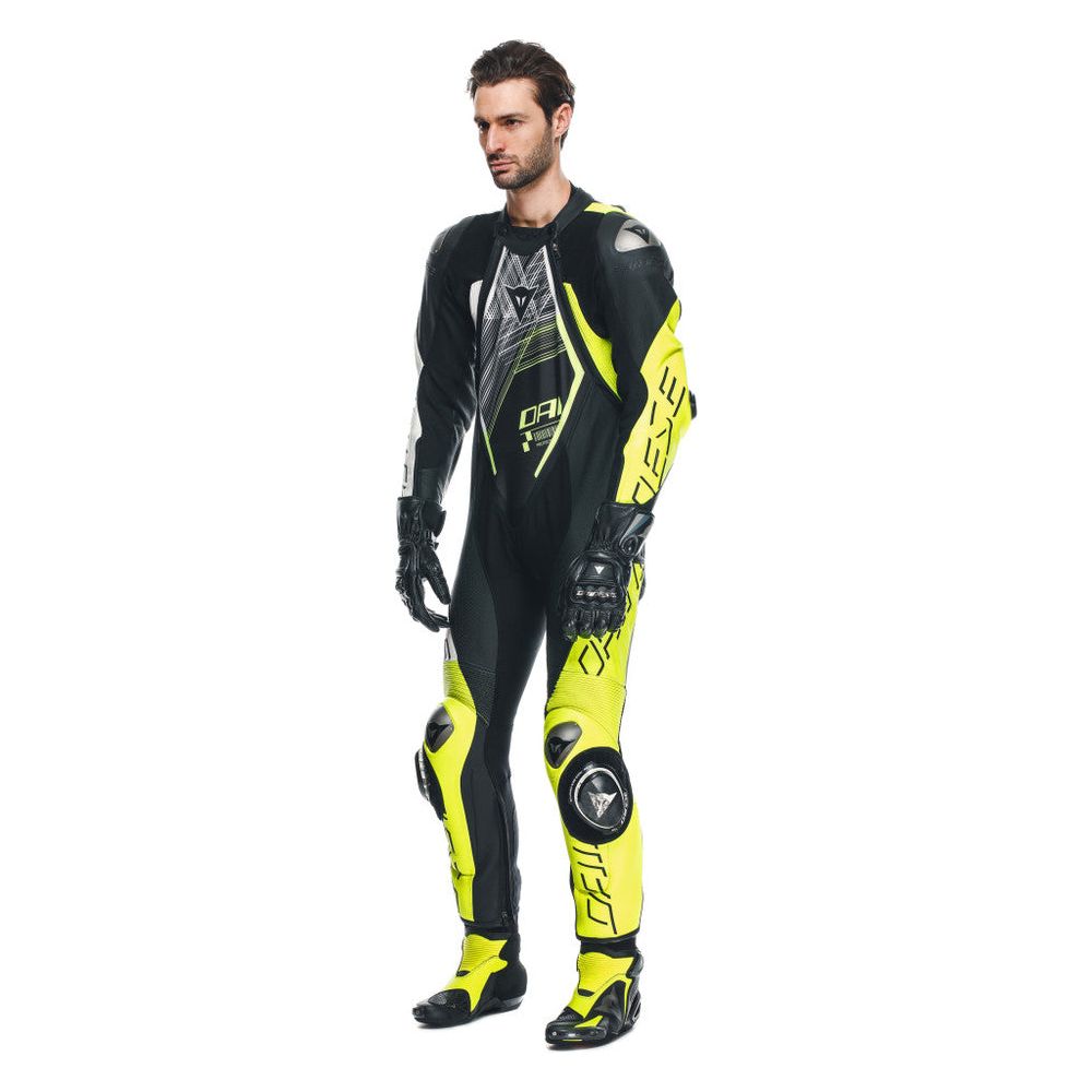 Dainese Audax D-Zip One Piece Perforated Leather Suit Black / Fluo Yellow / White