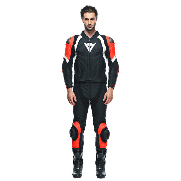 Dainese Avro 4 Two Piece Leather Suit Matt Black / Fluo Red / White