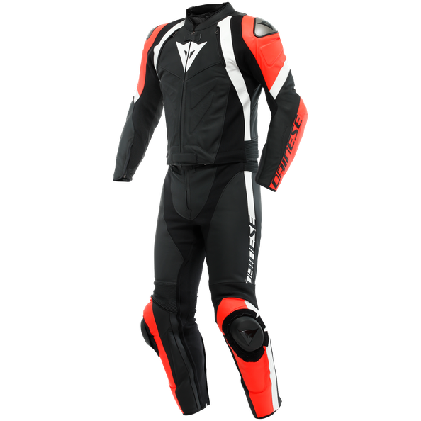 Dainese Avro 4 Two Piece Leather Suit Matt Black / Fluo Red / White