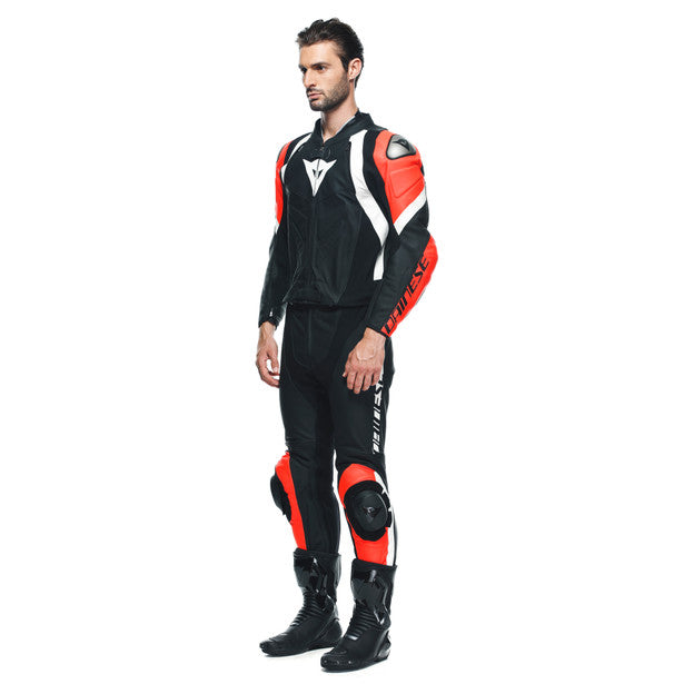 Dainese Avro 4 Two Piece Leather Suit Matt Black / Fluo Red / White