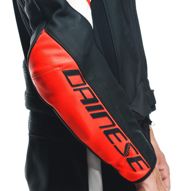 Dainese Avro 4 Two Piece Leather Suit Matt Black / Fluo Red / White