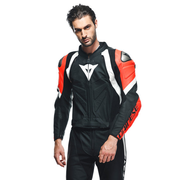 Dainese Avro 4 Two Piece Leather Suit Matt Black / Fluo Red / White