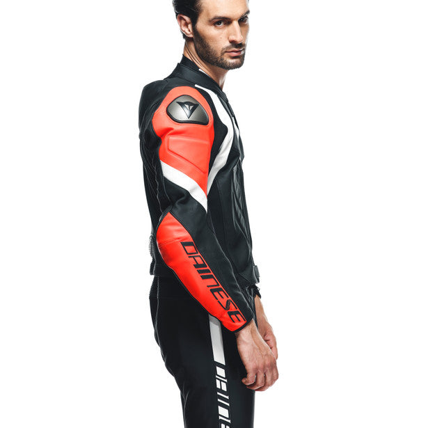 Dainese Avro 4 Two Piece Leather Suit Matt Black / Fluo Red / White