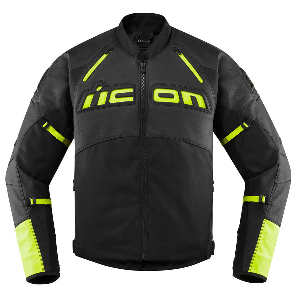 Icon Contra 2 Leather Jacket Black / Hi-Viz Yellow  - FREE UK Delivery - Moto Central