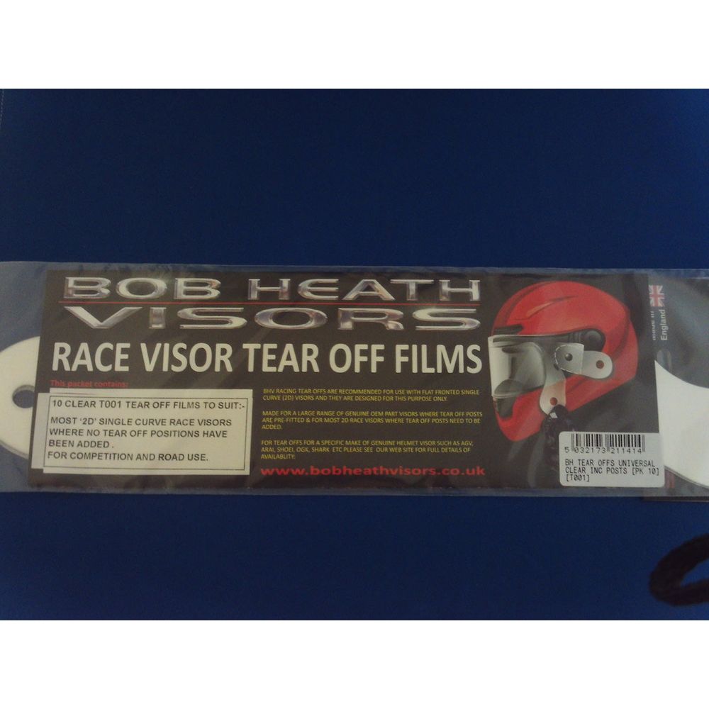 Bob Heath Tear Offs Clear Universal Including Fittings - Pack Of 10