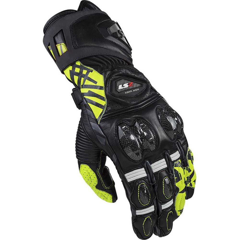 LS2 Feng Racing Leather Gloves Black / Hi-Viz Yellow