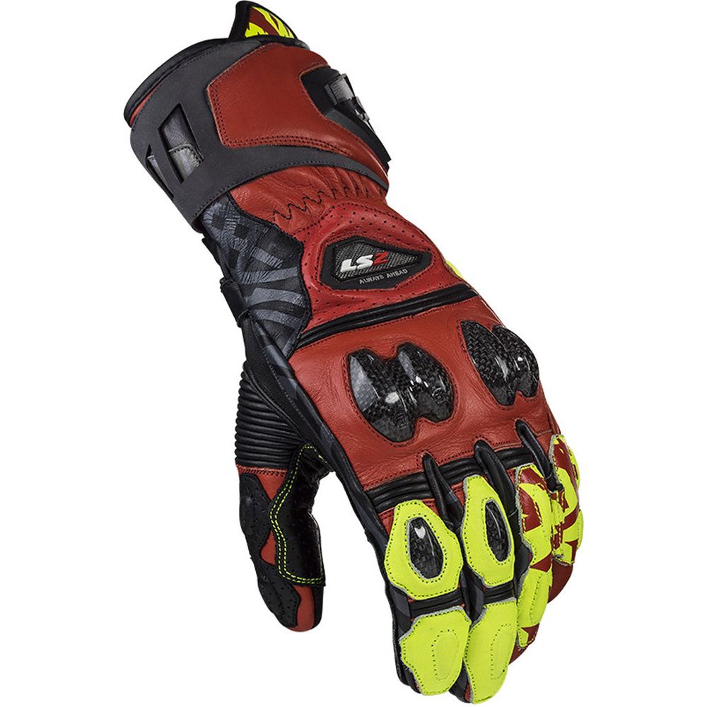 LS2 Feng Racing Leather Gloves Red / Hi-Viz Yellow