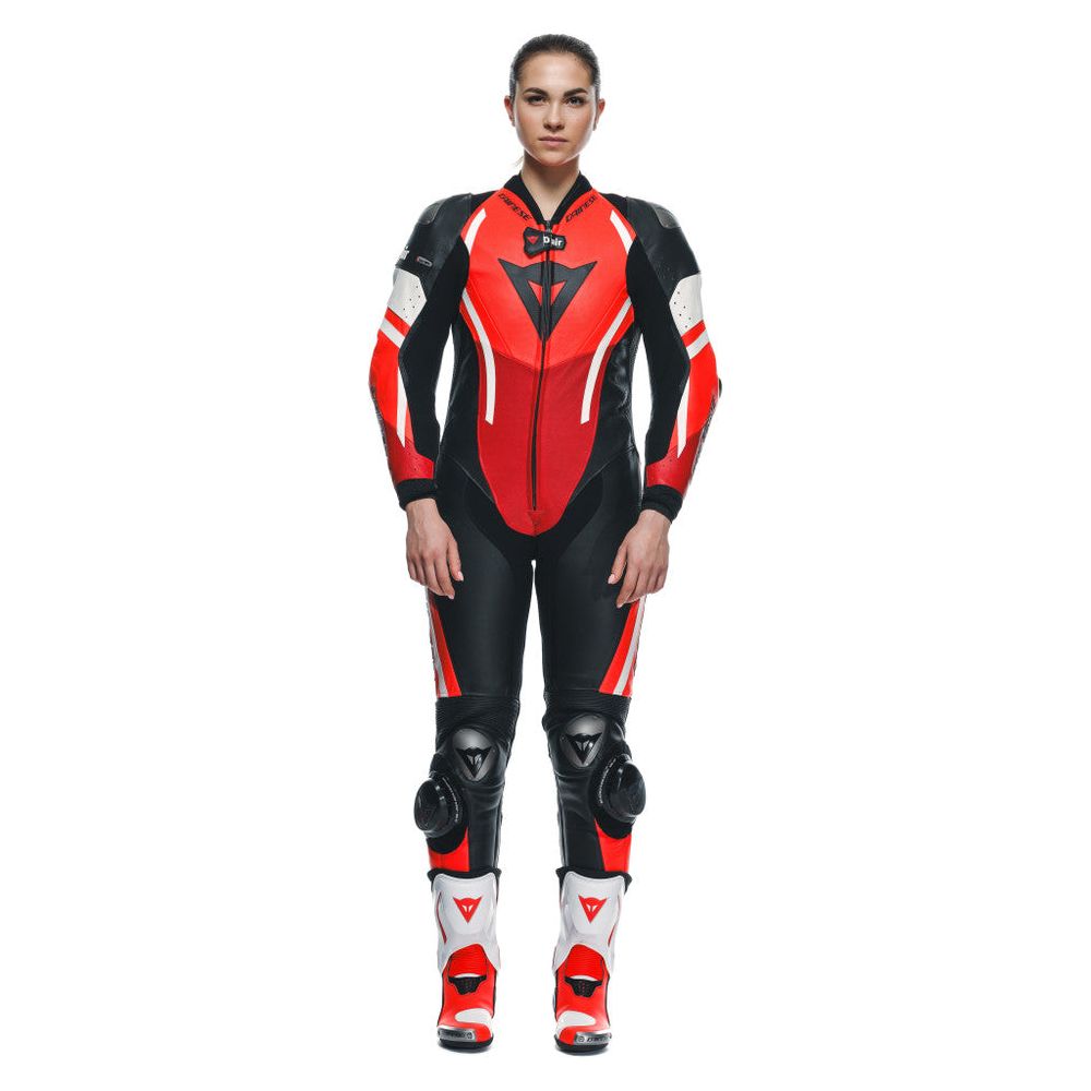 Dainese Misano 3 D-Air Ladies One Piece Perforated Leather Suit Black / Red / Fluo Red