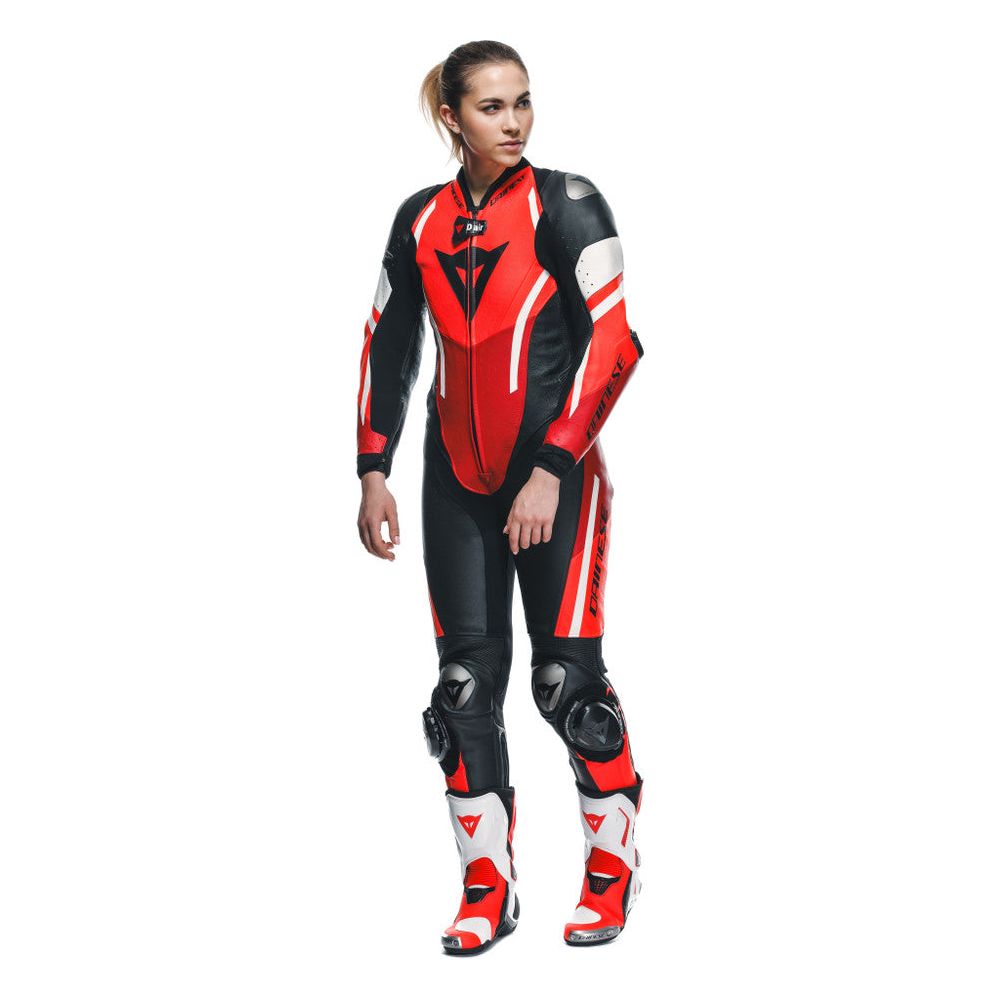 Dainese Misano 3 D-Air Ladies One Piece Perforated Leather Suit Black / Red / Fluo Red