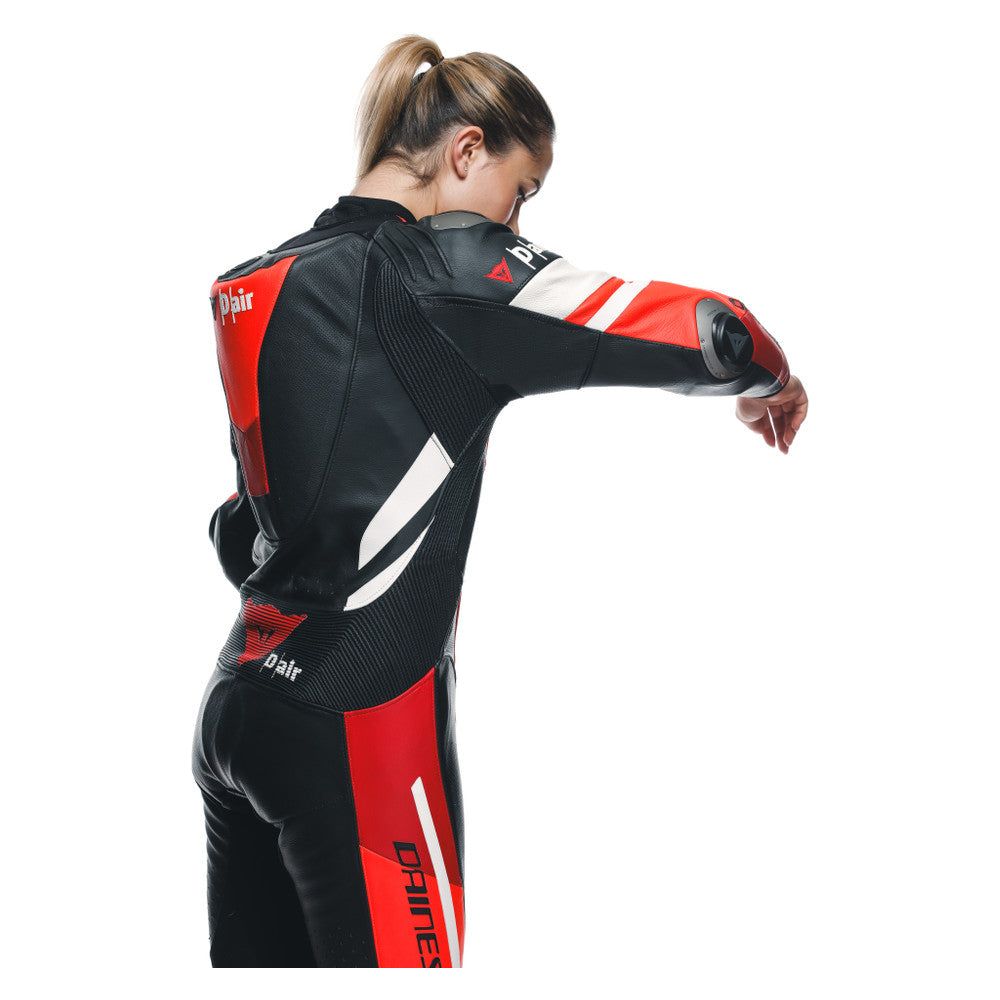 Dainese Misano 3 D-Air Ladies One Piece Perforated Leather Suit Black / Red / Fluo Red