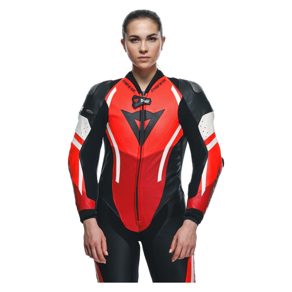 Dainese Misano 3 D-Air Ladies One Piece Perforated Leather Suit Black / Red / Fluo Red