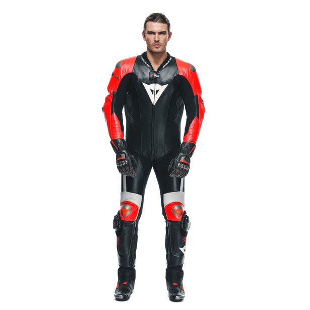 Dainese Mugello 3 D-Air One Piece Perforated Leather Suit Black / Fluo Red / White