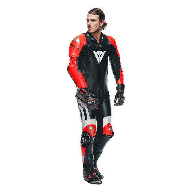 Dainese Mugello 3 D-Air One Piece Perforated Leather Suit Black / Fluo Red / White