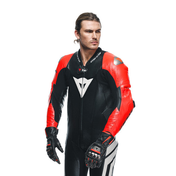 Dainese Mugello 3 D-Air One Piece Perforated Leather Suit Black / Fluo Red / White