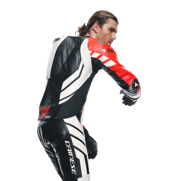 Dainese Mugello 3 D-Air One Piece Perforated Leather Suit Black / Fluo Red / White