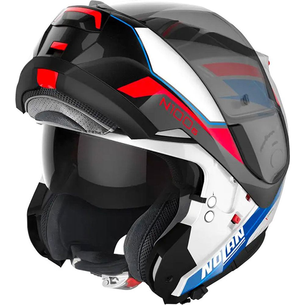 Nolan N100-6 Surveyor N-Com Modular Flip-Up Helmet Metal White / Blue / Red  - FREE UK Shipping, FREE 365 Day Returns | Moto Central