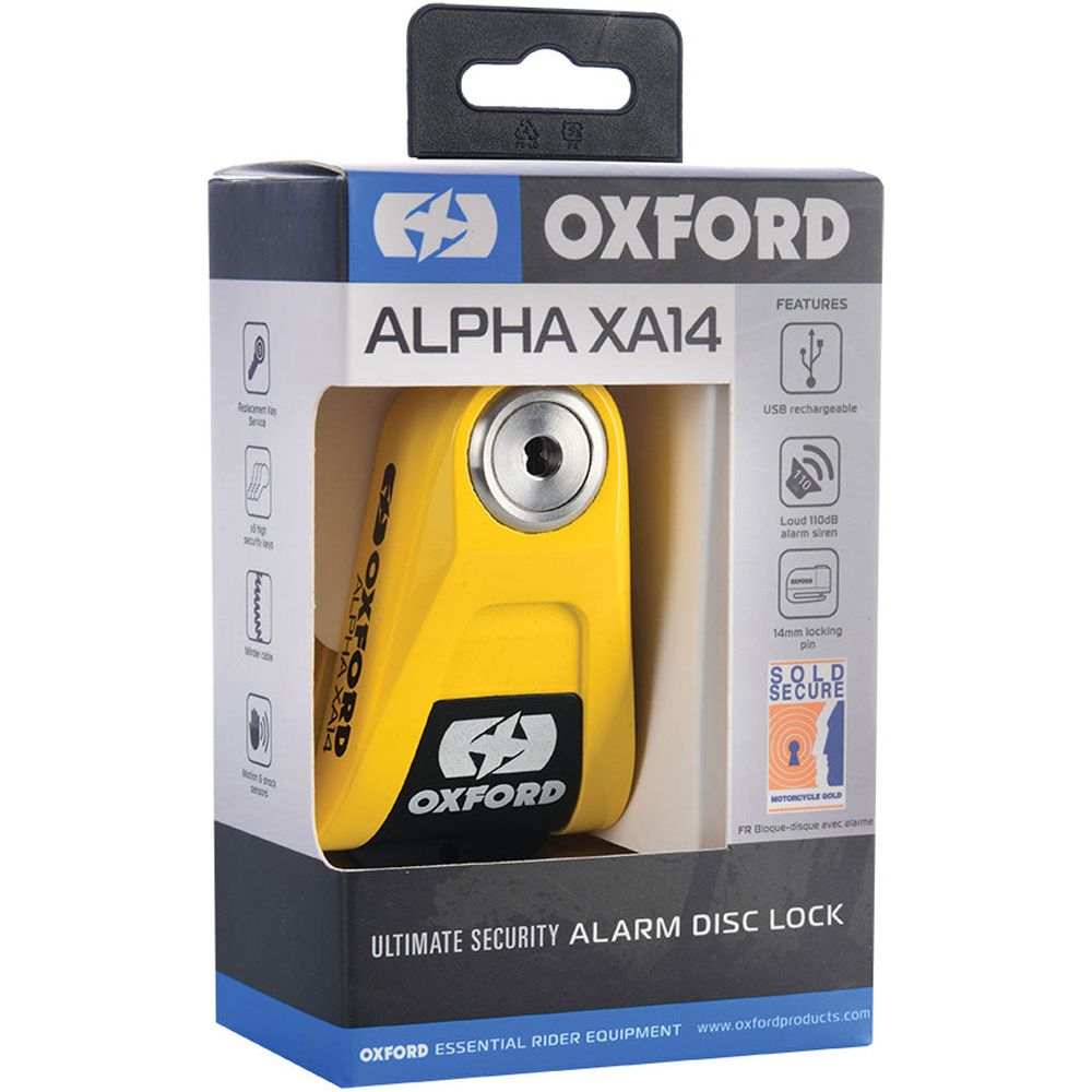 Oxford Alpha XA14 Alarm Disc Lock Yellow / Black - FREE UK Shipping, FREE 365 Day Returns | Moto Central