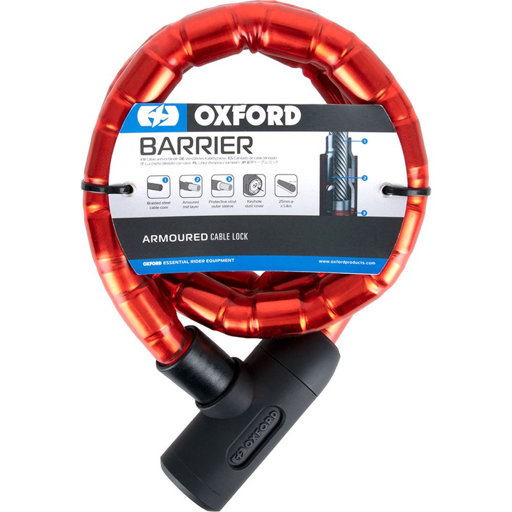 Oxford Barrier Armoured Cable Lock Red - 1.4m x 25mm