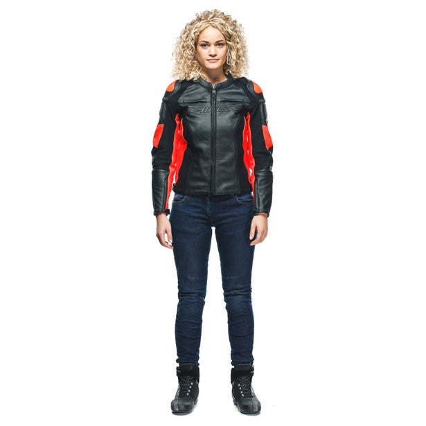 Dainese Racing 4 Ladies Leather Jacket Black / Fluo Red