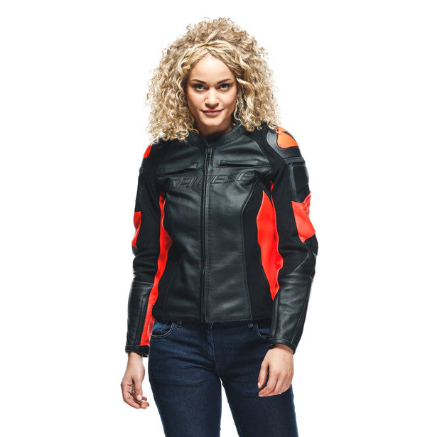 Dainese Racing 4 Ladies Leather Jacket Black / Fluo Red