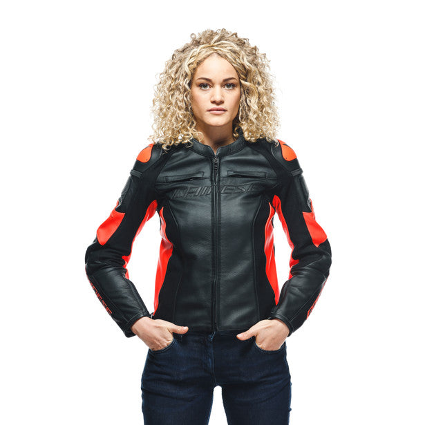 Dainese Racing 4 Ladies Leather Jacket Black / Fluo Red