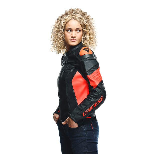 Dainese Racing 4 Ladies Leather Jacket Black / Fluo Red