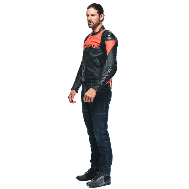 Dainese Racing 4 Perforated Leather Jacket Black / Fluo Red