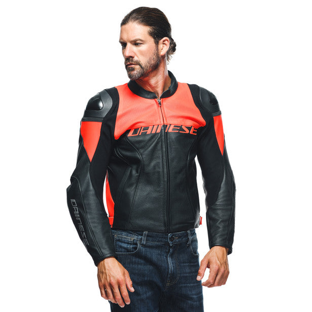 Dainese Racing 4 Perforated Leather Jacket Black / Fluo Red