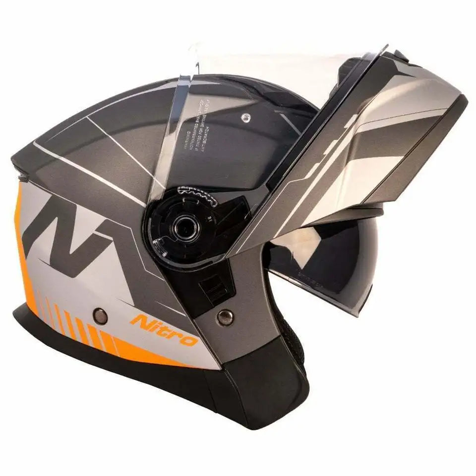 Nitro F350 Analog Flip Up Helmet Satin Gunmetal / Light Grey / Fluo Orange - FREE UK Shipping, FREE 365 Day Returns | Moto Central