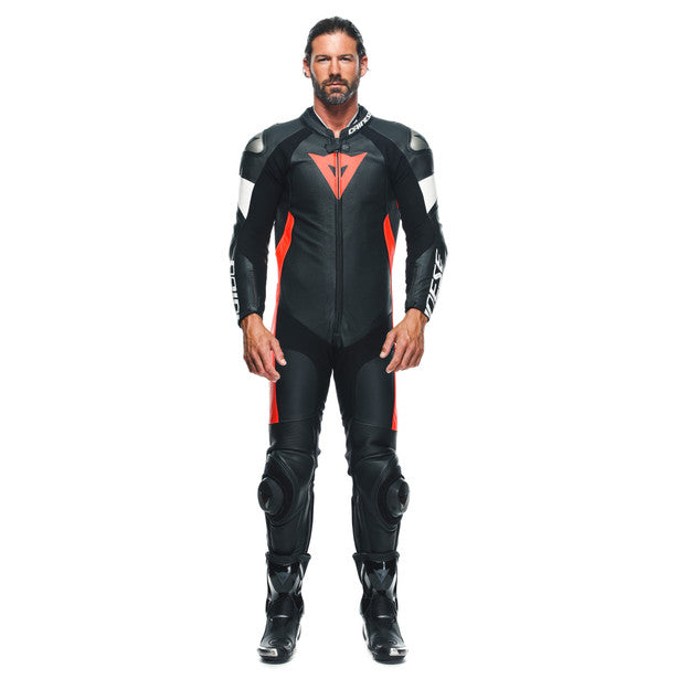 Dainese Tosa One Piece Perforated Leather Suit Black / Fluo Red / White