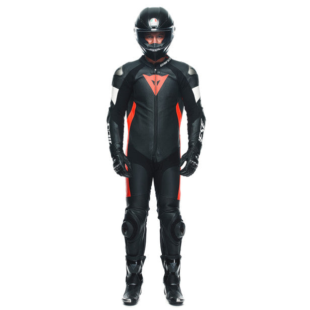 Dainese Tosa One Piece Perforated Leather Suit Black / Fluo Red / White