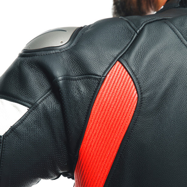 Dainese Tosa One Piece Perforated Leather Suit Black / Fluo Red / White